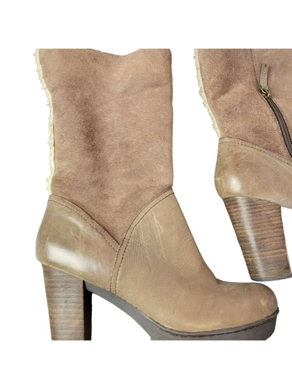 Nicole Platform Suede Boots 7.5 Brown Sherpa Leather Shoes Heel Mid Calf Women M